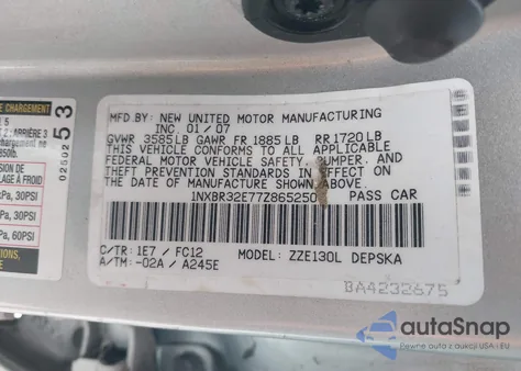 2007 Toyota Corolla S z USA, uszkodzony, nr VIN 1NXBR32E77Z865250